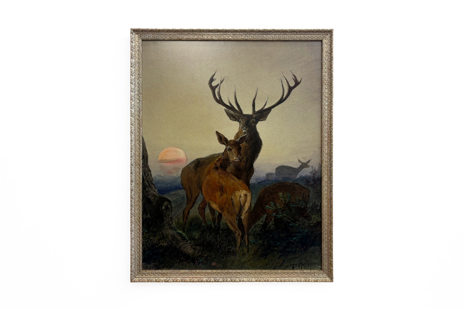 Jeleń z jeleniem w zalesionym krajobrazie o zachodzie słońca - Carl Friedrich Deiker