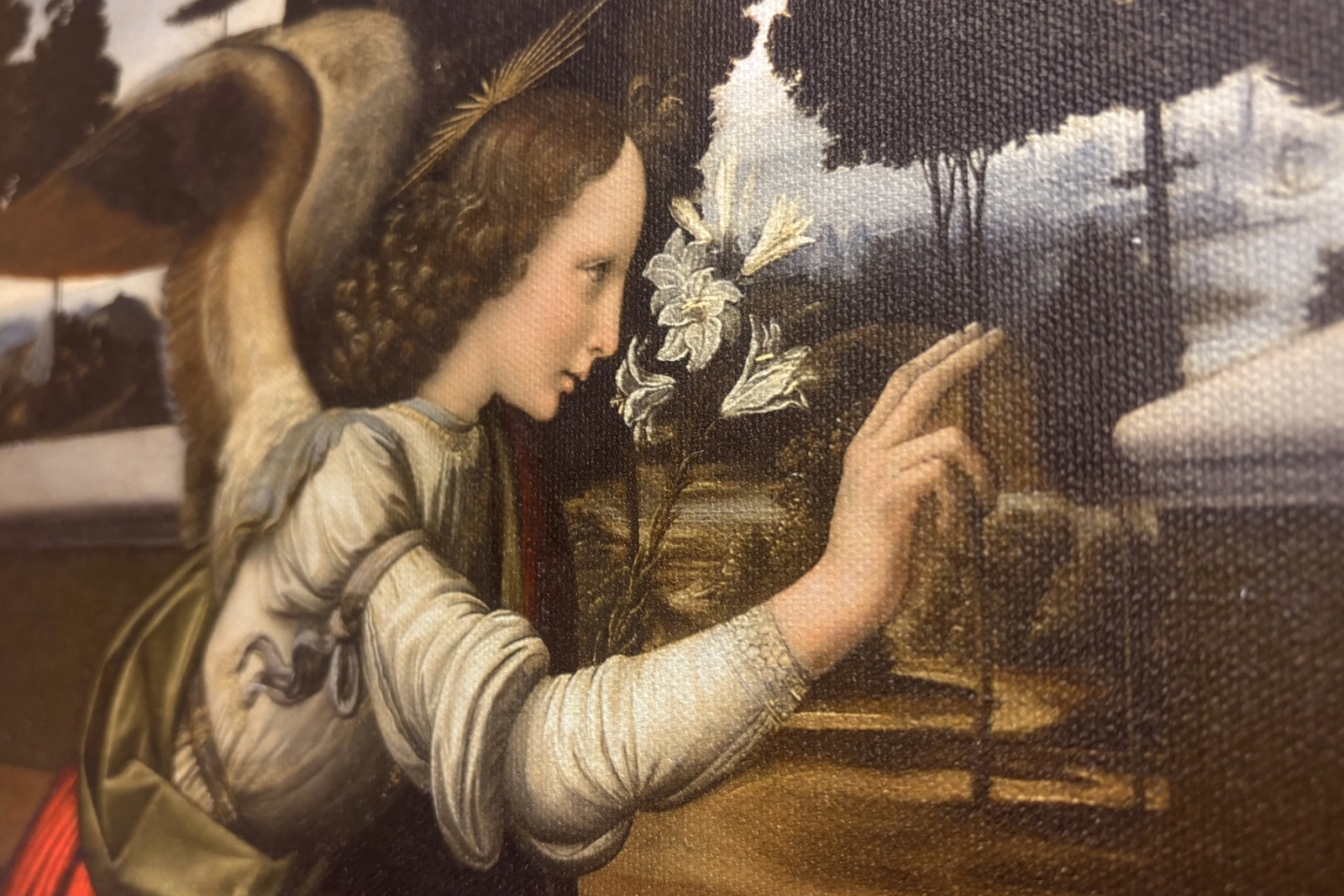 Włochy Toskania Florencja, Galeria Uffizi: Zwiastowanie, obraz Leonarda da Vinci (1452-1519), olej na drewnie, ok. 1472-1475, 98x217 cm - Leonardo da Vinci