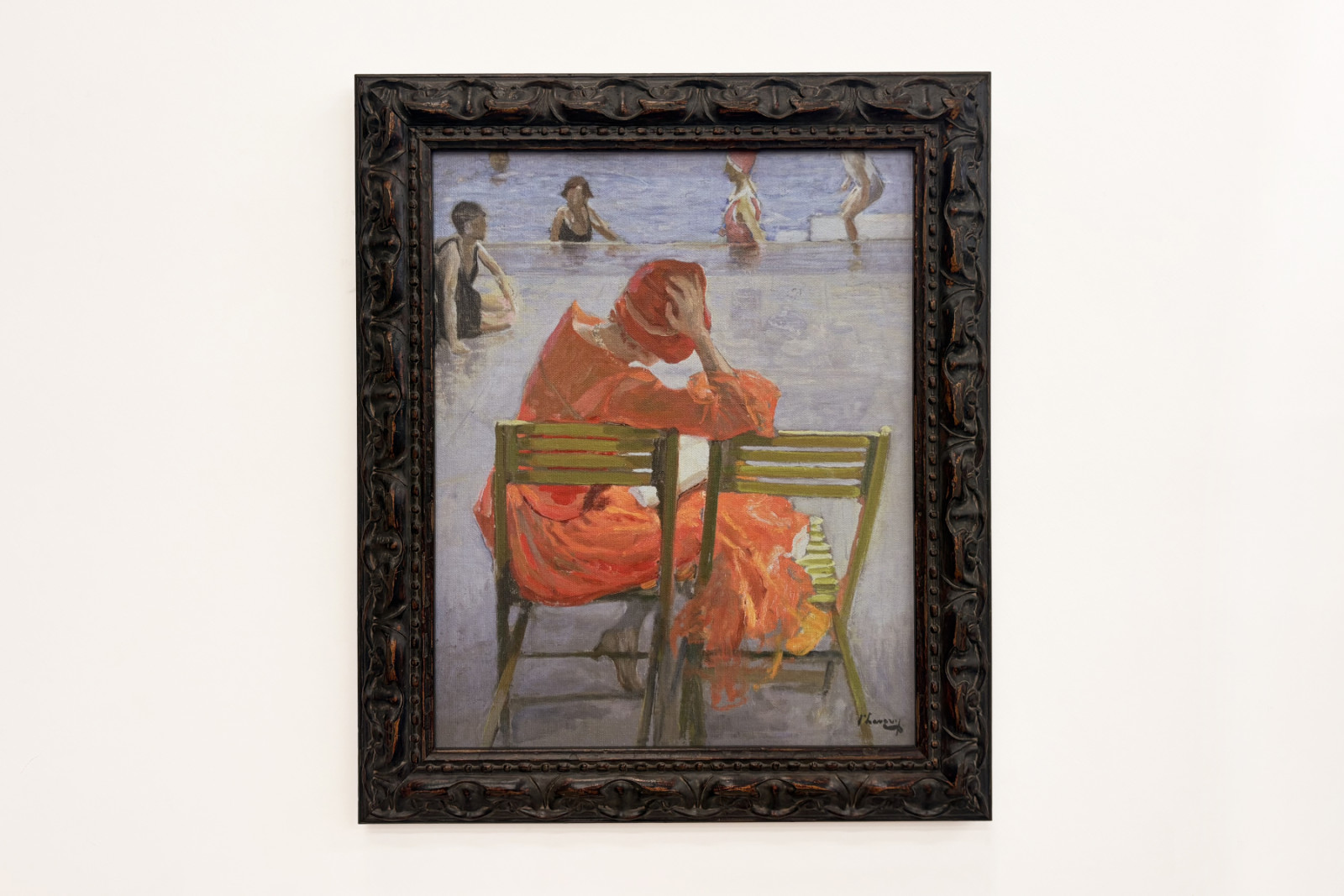 Dziewczyna w czerwonej sukience czytająca przy basenie - John Lavery