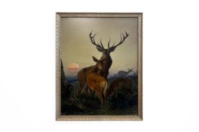 Jeleń z jeleniem w zalesionym krajobrazie o zachodzie słońca - Carl Friedrich Deiker