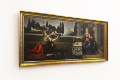 Włochy Toskania Florencja, Galeria Uffizi: Zwiastowanie, obraz Leonarda da Vinci (1452-1519), olej na drewnie, ok. 1472-1475, 98x217 cm