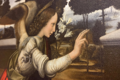 Włochy Toskania Florencja, Galeria Uffizi: Zwiastowanie, obraz Leonarda da Vinci (1452-1519), olej na drewnie, ok. 1472-1475, 98x217 cm