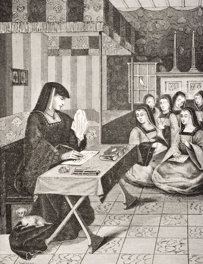 Dwór dam królowej Anny z Bretanii (1477-1514), po miniaturze z XVI wieku z „Epistres Envoyees au Roi”, z „Le Moyen Age et La Renaissance” Paula Lacroix (1806-84) opublikowanej 184 autorstwa French School