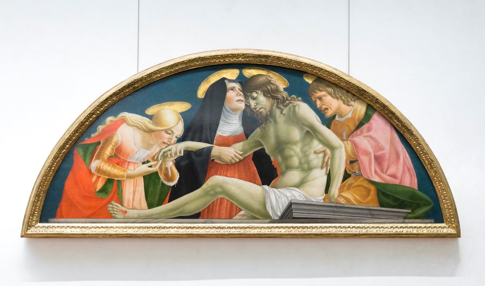 Św. Maria Magdalena, dziewica Maria i św. Jan Ewangelista opłakujący zmarłego Chrystusa autorstwa (1374-c.1420) Lorenzo da Sanseverino