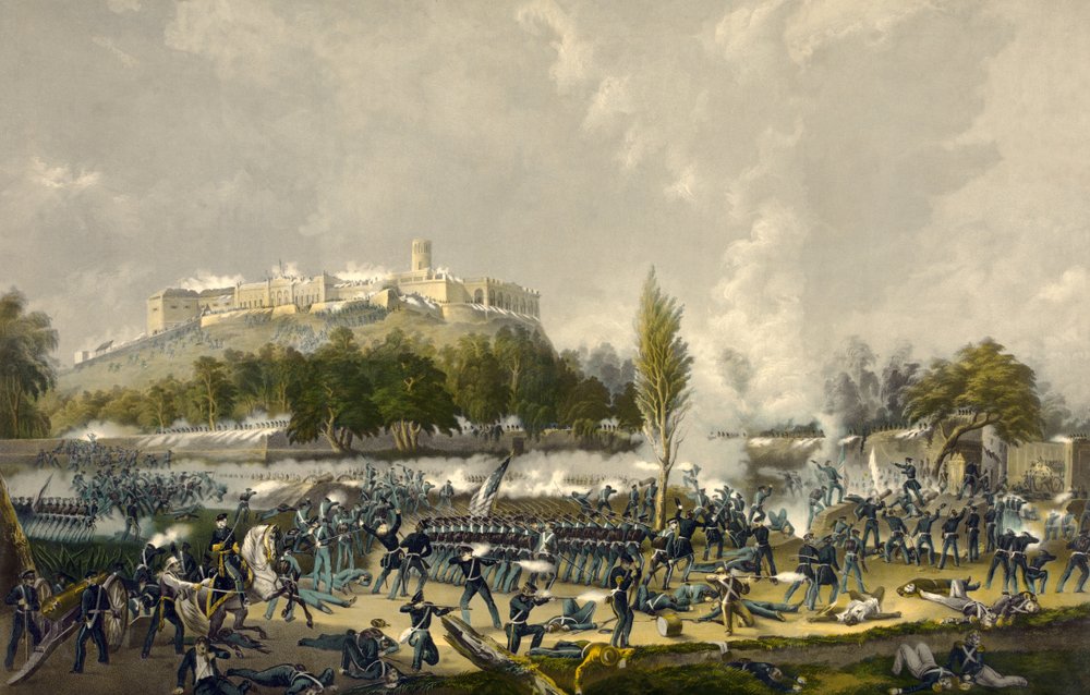 Szturm na Chapultepec, 13 września 1847, wyd. 1848 (kolorowa lito) autorstwa American School