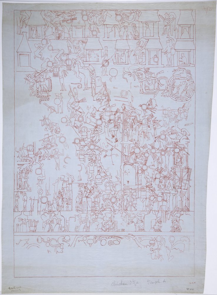Rysunek Ściany Południowej, Górna Świątynia Jaguarów, Chichen Itza, Meksyk (czerwony tusz) autorstwa Adela Breton