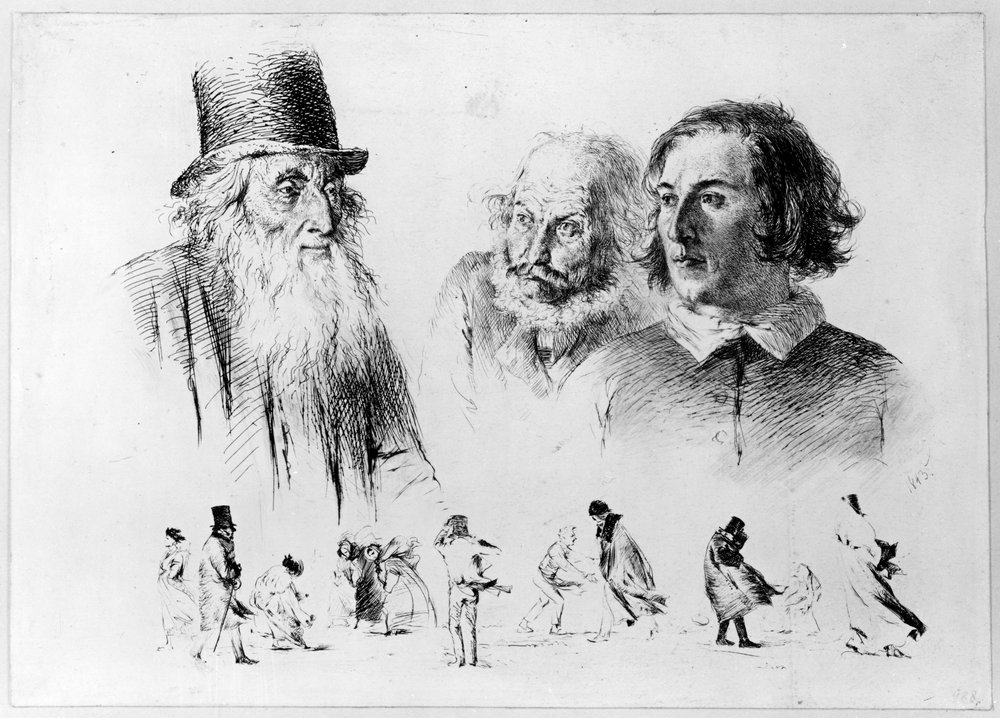 Studia głowy i postaci, arkusz 2 z serii „Próby radir” autorstwa Adolph Menzel