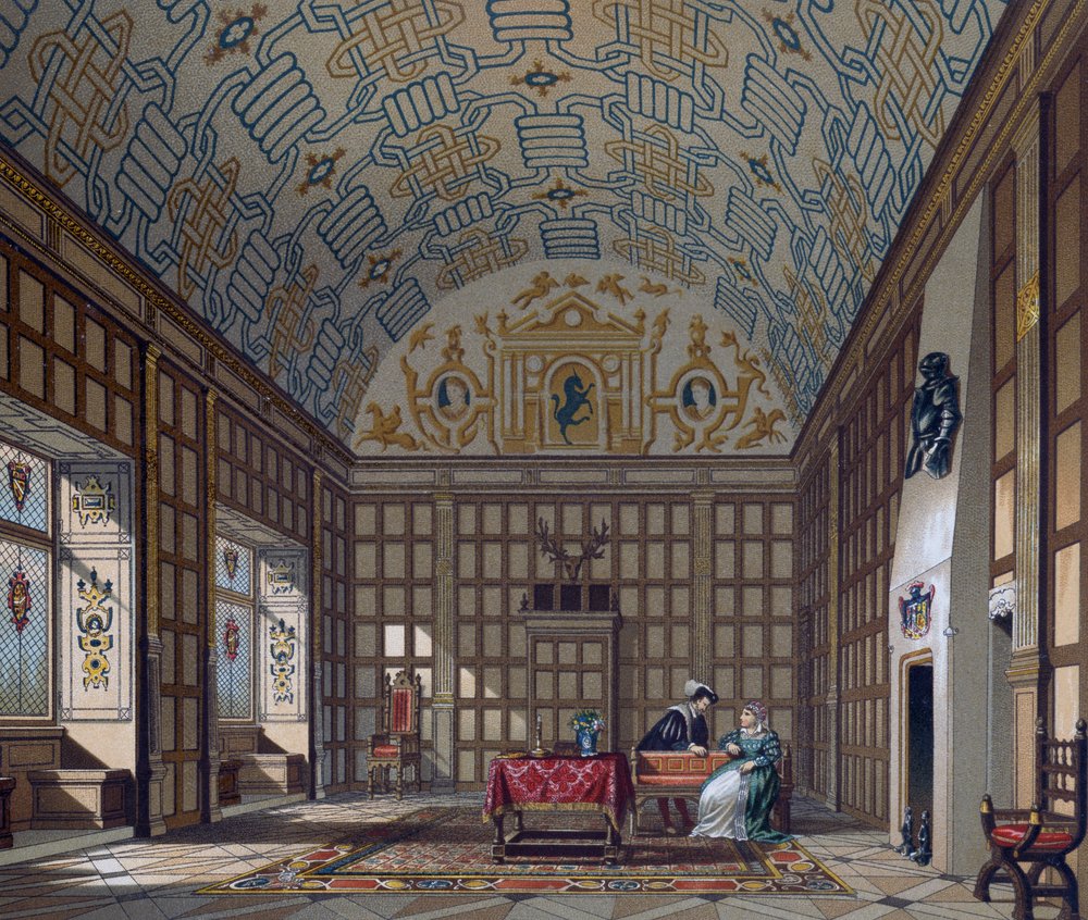 Wnętrze XVI-wiecznej angielskiej rezydencji, litografia autorstwa Gaularda z Le Costume historique (pełna historia kostiumów) autorstwa Albert Charles August Racinet