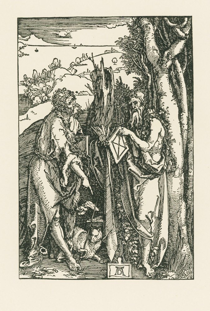 Święty Jan Chrzciciel i święty Onofriusz, ok. 1503-04 (drzeworyt) autorstwa Albrecht Dürer or Duerer