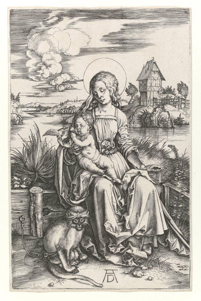 Dziewica z małpą, c.1498 (Grawerowanie Burina) autorstwa Albrecht Dürer
