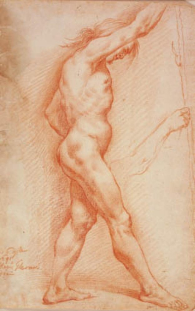 Stojący nagi mężczyzna z laską z profilu po prawej stronie i szkicem prawej ręki autorstwa Alessandro Gherardini