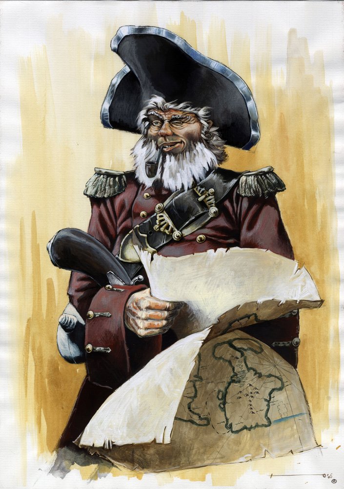 Portret pirata (korsarza) lub marynarza w trójgranie z mapą zdrajcy w dłoniach. Kolorystyka autorstwa Alessandro Lonatiego. autorstwa Alessandro Lonati