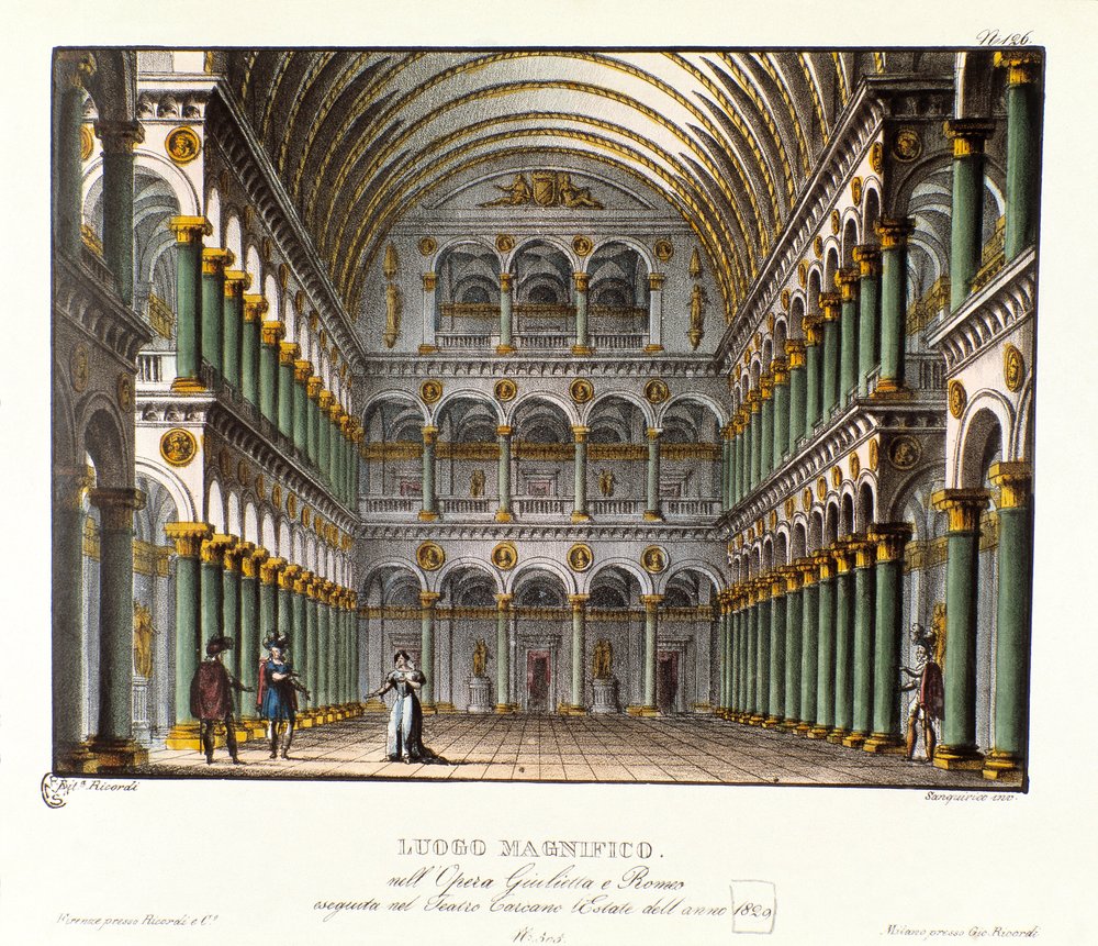 Wspaniałe miejsce: wielka sala pałacowa ze sklepieniem scenografii do wykonania w Teatro Carcano w 1829 roku opery „Giulietta e Romeo” (Julieta i Romeo) (1796) Niccolo Antonio Zingarelli według sztuki Williama Szekspira „Romeo i Julia”. Cząstka pomarańczy autorstwa Alessandro Sanquirico