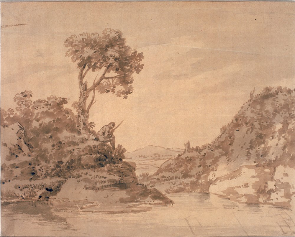 Pejzaż z postacią na brzegu basenu (akwarela na papierze (brąz)) autorstwa Alexander Cozens
