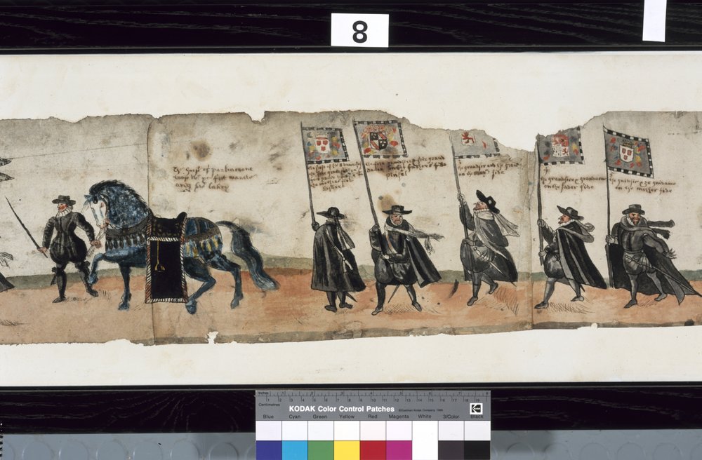 Fragment obrazu The Huntly Funeral Procession, który podobno został użyty podczas pogrzebu George'a 1, markiza Huntly autorstwa Alexander Kincaid
