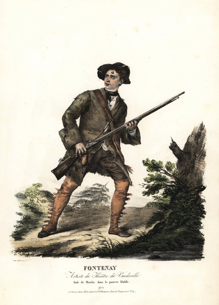 Jean-Baptiste Fontenay i Martin w Le Poor Diable Balissona i Dumersana, Theatre du Vaudeville. Litografia kolorowana F. Noela wg ilustracji Alexandre-Marie Colin z portretów aktorek w różnych rolach, F. Noel, Paryż autorstwa Alexandre Marie Colin