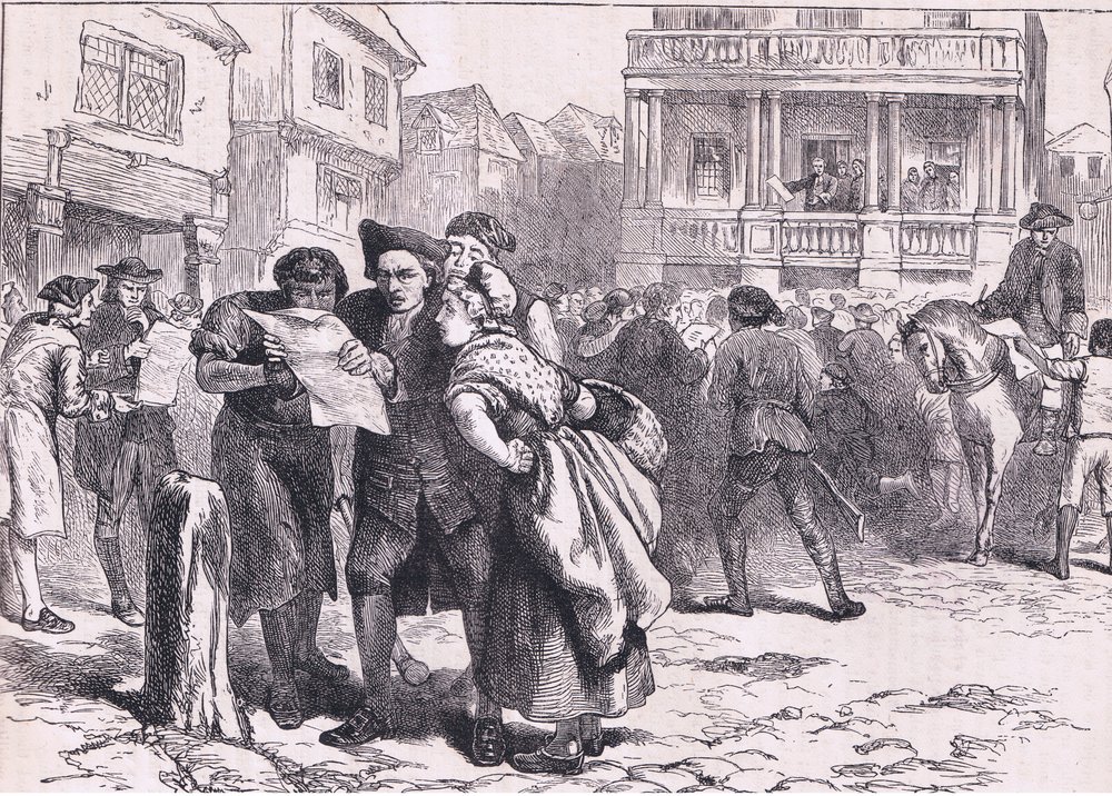 Bostończycy czytający Ustawę o znaczkach, ilustracja z Cassells History of the United States wydana przez Cassell, Petter & Galpin, c.1900 (litografia) autorstwa American English school