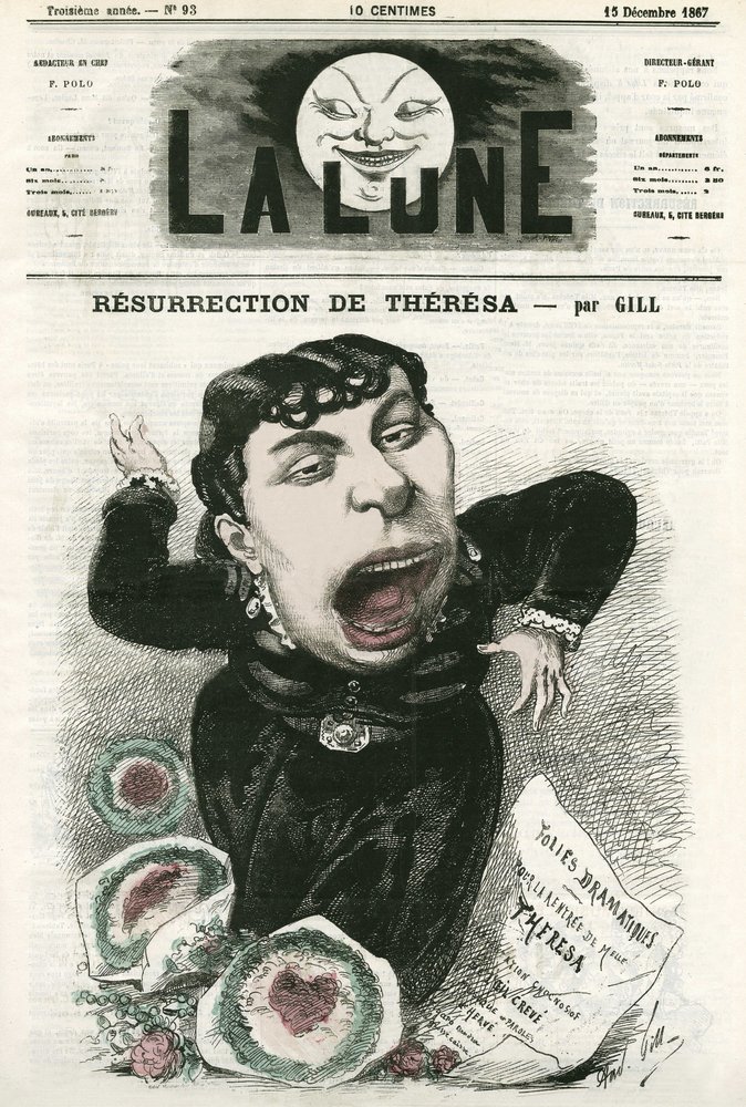 Portret Emmy Valladon dit Theresa (1837-1913), francuskiej śpiewaczki operetkowej. Karykatura Gilla, w „La Lune”, 15 grudnia autorstwa Andre Gill