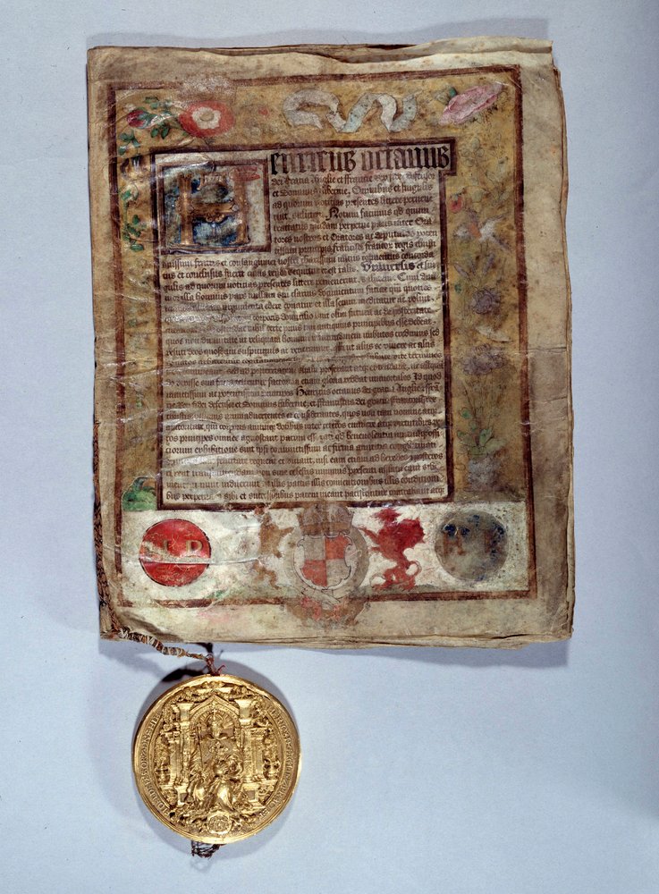 Traktat w Amiens z sierpnia 1527 roku, sojusz między królem Henrykiem VIII a francuskim królem Franciszkiem I przeciwko cesarzowi Karolowi V. Paryż, Archiwum Narodowe autorstwa Anonymous Anonymous