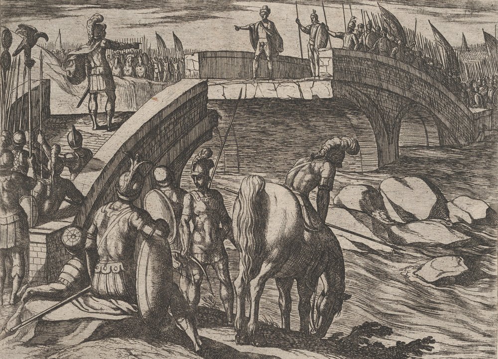 Płyta 36: Civilis i Cerialis spotykają się na zepsutym moście, aby osiągnąć porozumienie, z filmu Wojna o..., 1611. autorstwa Antonio Tempesta