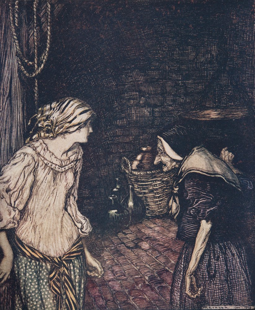 W końcu dotarła do piwnicy, a tam znalazła starą, staruszkę z kręcącą głową…, z The Fairy Tales of the Brothers Grimm, pub. 1909 autorstwa Arthur Rackham
