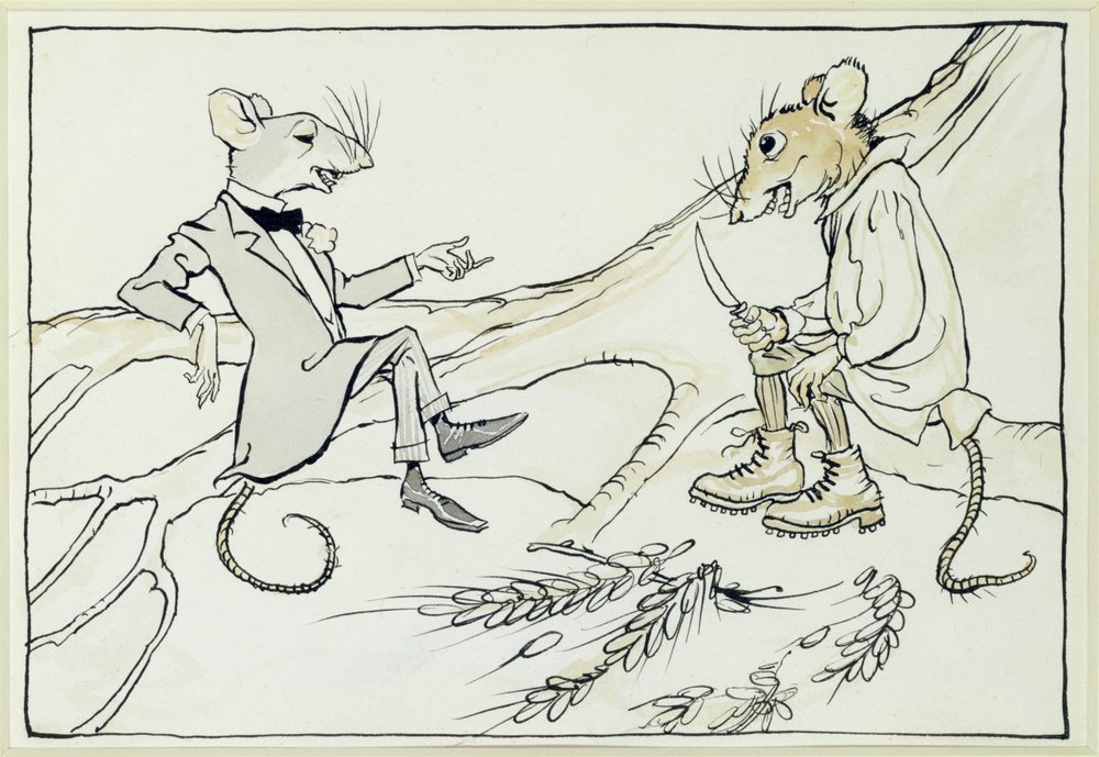 Mysz miejska i mysz wiejska, ilustracja z Bajek Ezopów, opublikowana 1912 (pióro i atrament z wc na papierze) autorstwa Arthur Rackham