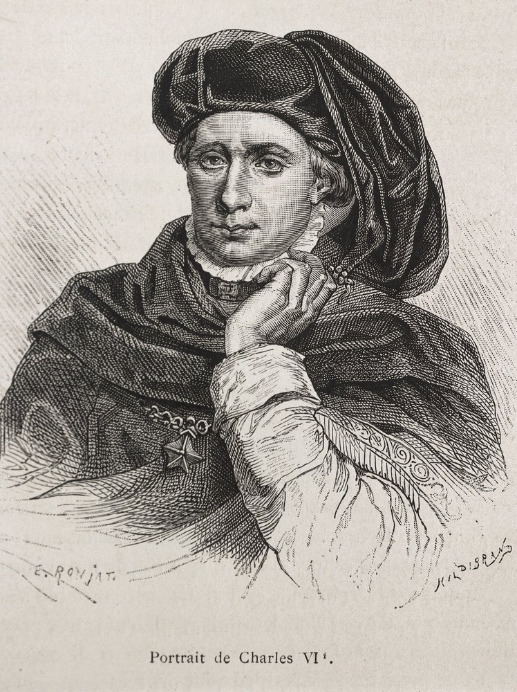Karol VI Francuski, zwany "Ukochanym" (1368-1422). Król Francji (1380-1422), dynastia Walezjuszy. Rycina. autorstwa Artist Unknown