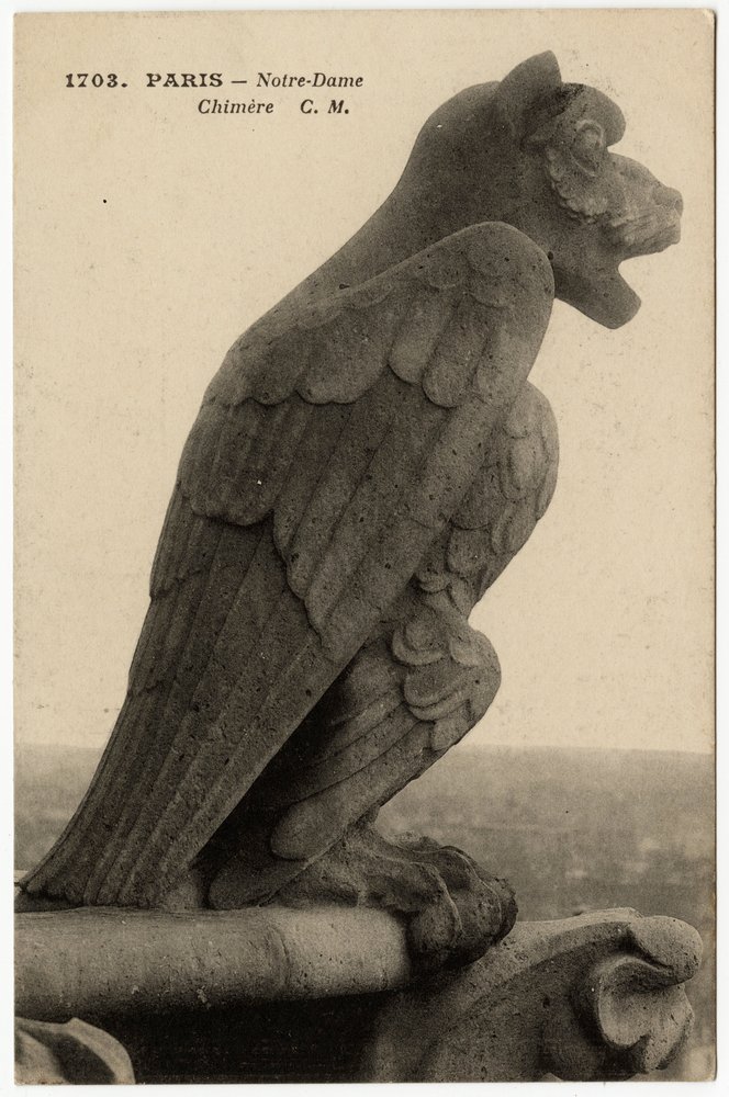 Gargulec lub chimere katedry Notre Dame de Paris, zbudowanej między 1163 a XIV wiekiem - Pocztówka, kolekcja Selva autorstwa Artist Unknown
