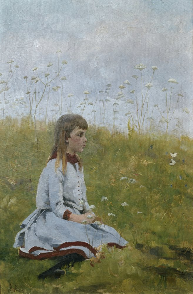 Dziewczyna na kwietnej łące, ok.1885 (olej na płótnie) autorstwa Asta Nørregaard