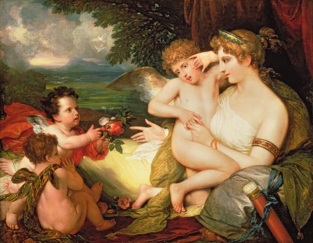 Wenus pocieszająca Kupidyna ukąszonego przez pszczołę, 1813 autorstwa Benjamin West