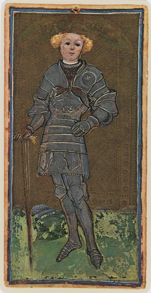 Walet mieczy, faksymile karty tarota z talii „Visconti”, 1441-47 autorstwa Bonifacio Bembo