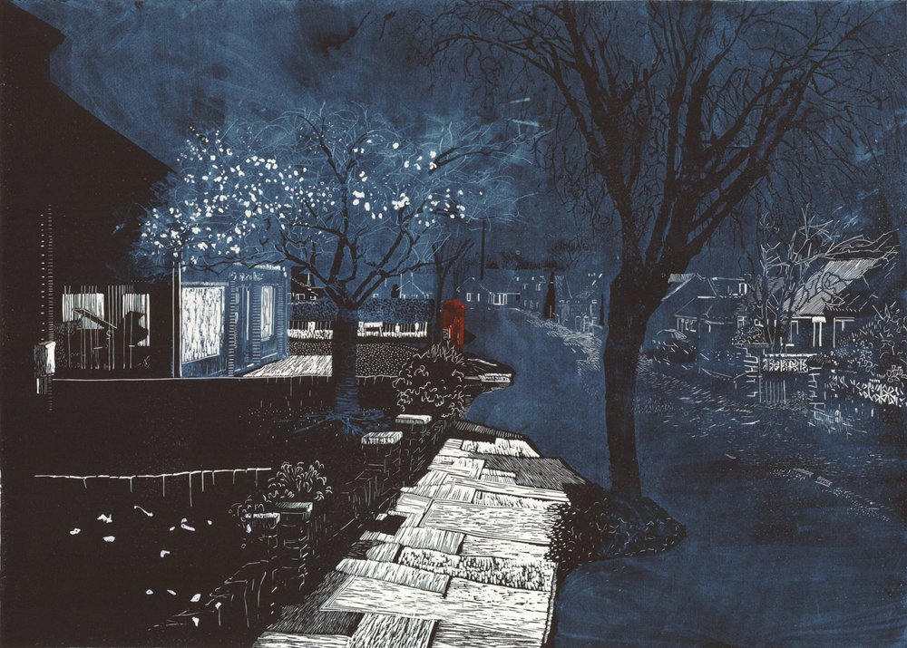 Dźwięk muzyki na przedmieściach, 2012 (linoryt i akwaforta) autorstwa Catherine Sutcliffe-Fuller