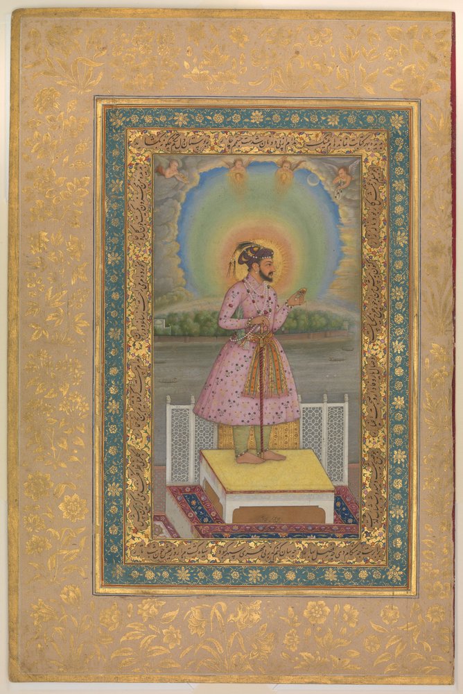 Shah Jahan na tarasie, trzymający zestaw wisiorków ze swoim portretem, folio z albumu Shah Jahan, recto: 1627–28 autorstwa Chitarman
