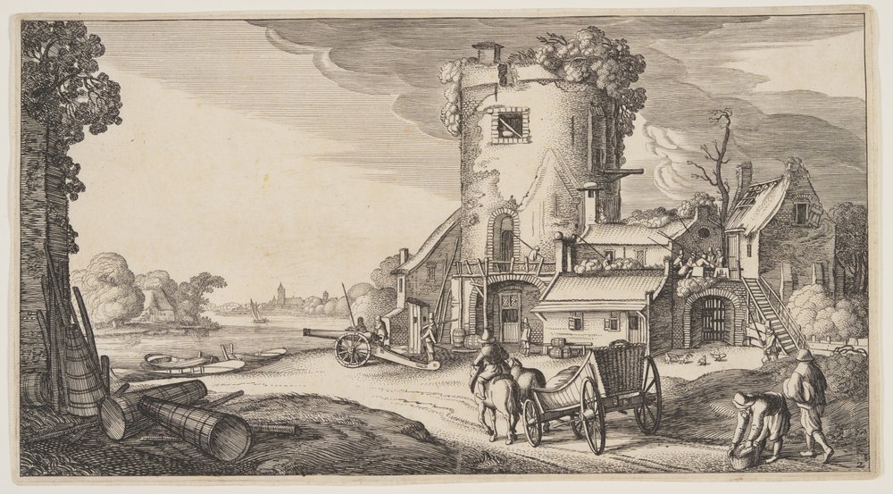 Wieża strażnicza w pobliżu rzeki, z Landscapes (Playsante Lantschappen) autorstwa Claes Jansz. Visscher II