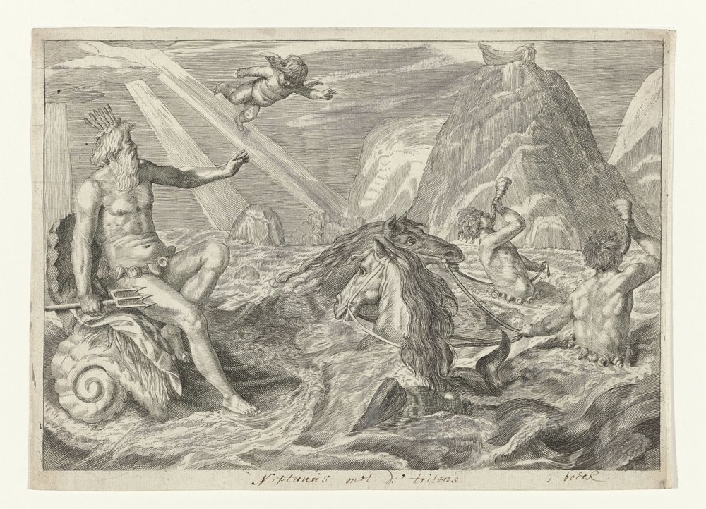 Neptunus poznany przez trytony Metamorfosen van Ovidius (tytuł serii) autorstwa Crispijn van de Passe (II) (attributed to)