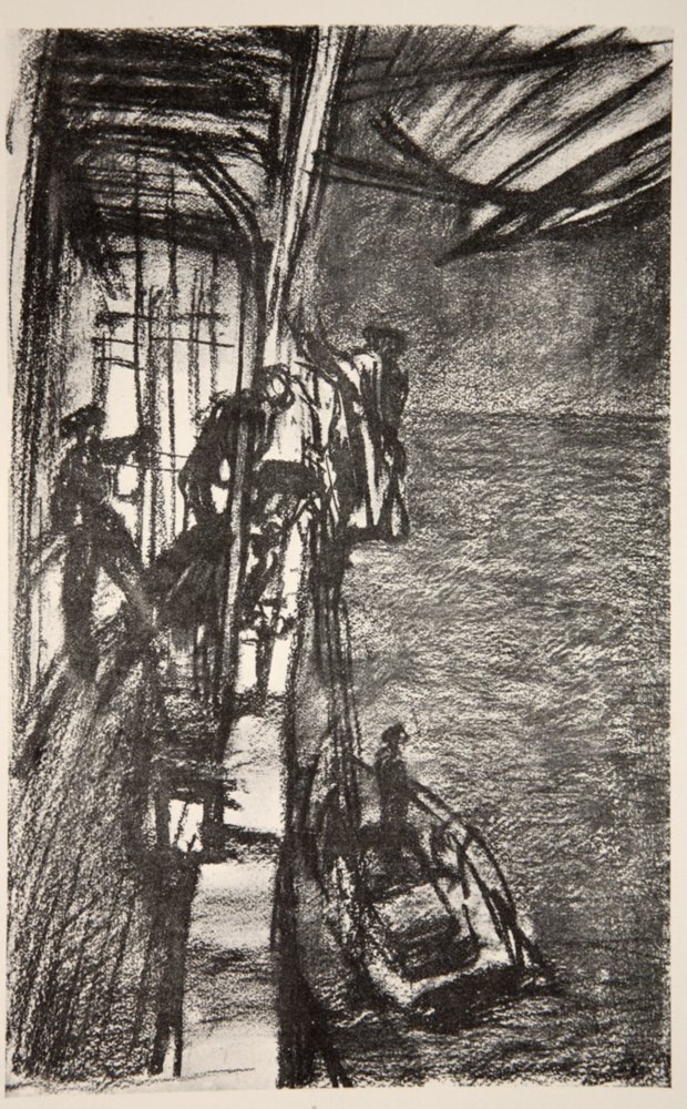 Off Havre: zabranie pilota na pokład statku szpitalnego, ilustracja z "The Western Front", wyd. przez Country Life Ltd. autorstwa David Muirhead Bone