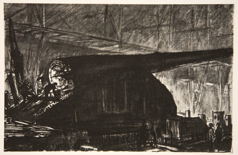 Nocna zmiana pracująca nad dużym działem, ilustracja z "The Western Front", wyd. przez Country Life Ltd. autorstwa David Muirhead Bone