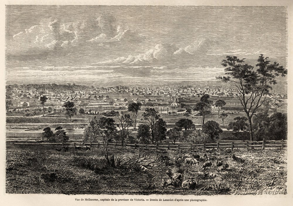 Widok Melbourne (Australia), rysunek Lancelota, ilustrujący wspomnienia francuskiego skłotera w Australii w latach 1854-1859, autorstwa M. de Castella. Grawer w „Le tour du monde” 1861. Kolekcja Selvy. autorstwa Dieudonne Auguste Lancelot