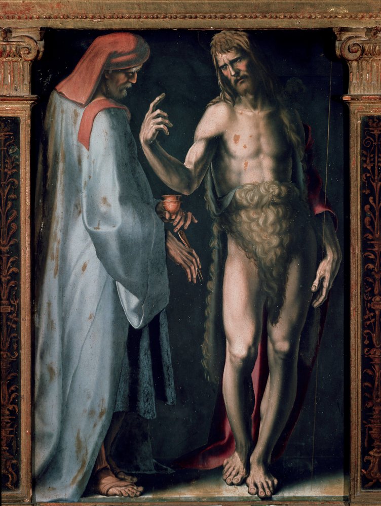 Tryptyk Trójcy, Szczegół lewy panel: Św. Cosimo (Przyjdź lub Cosimo) i Św. Jan Chrzciciel. Obraz Domenico Beccafumi (1486-1551) autorstwa Domenico Beccafumi