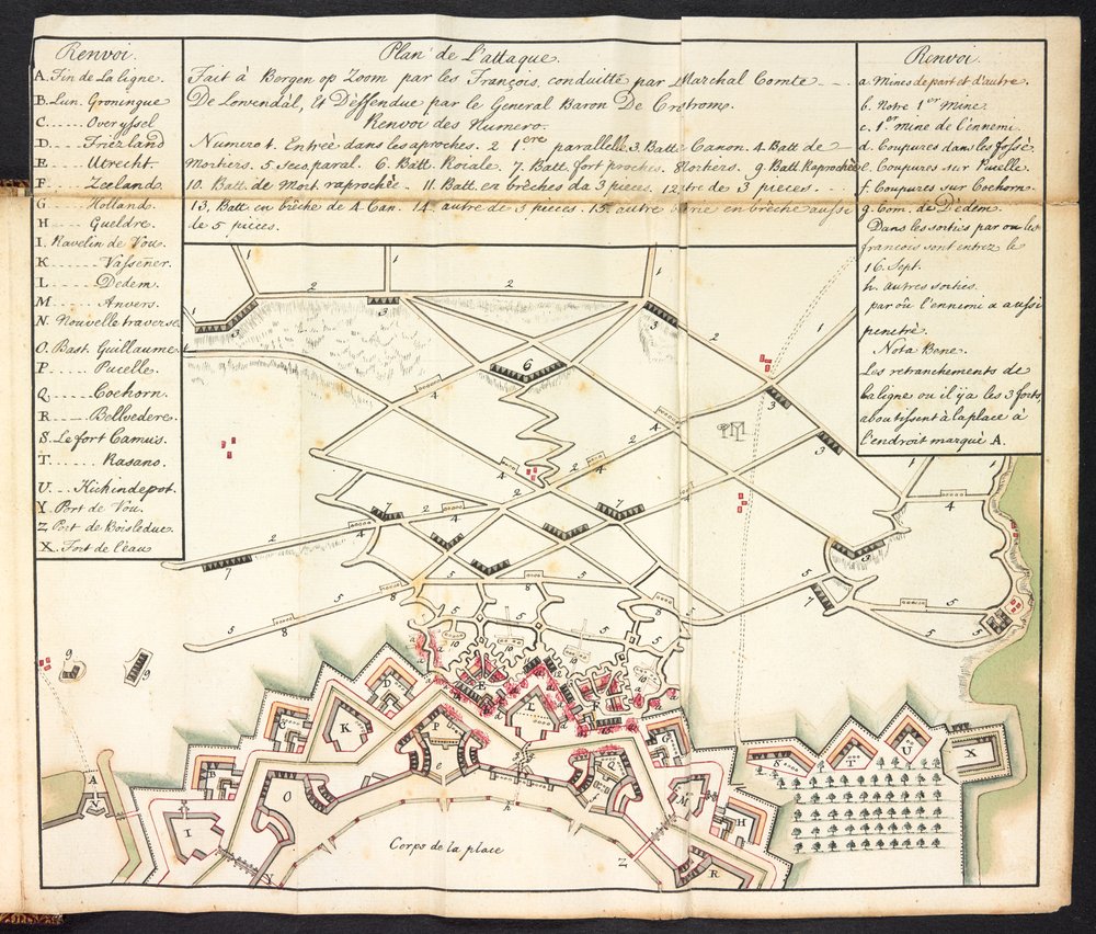 Kolorowy plan oblężenia Bergen op Zoom (kolorowa rycina) autorstwa Dutch School