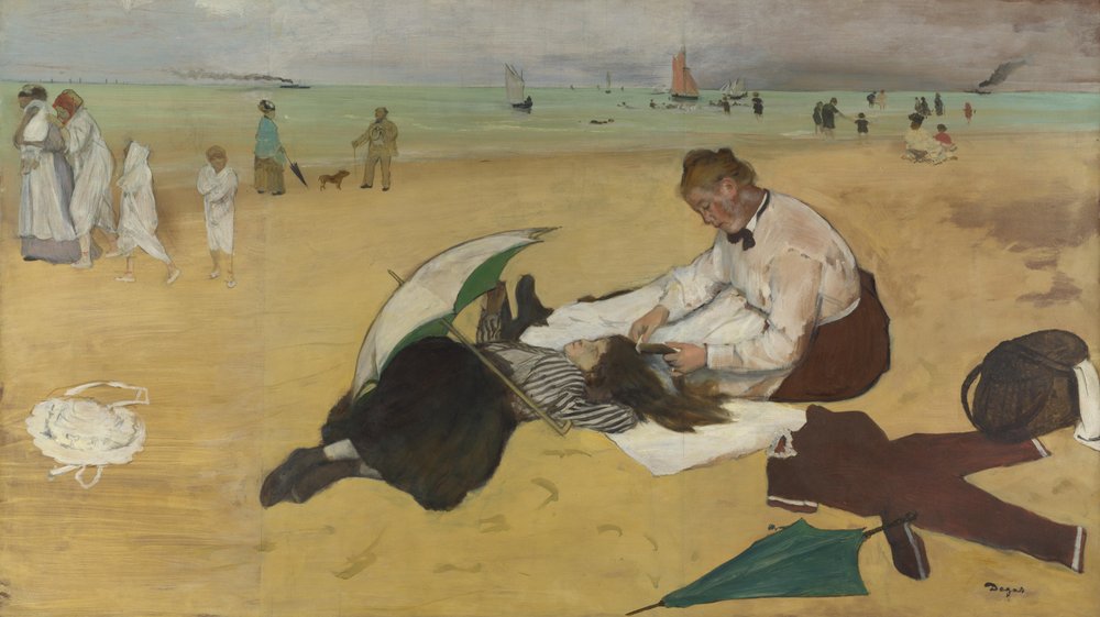 Scena na plaży: dziewczynka czesana przez nianię, ok. 1876-77 (olej na papierze) autorstwa Edgar Degas