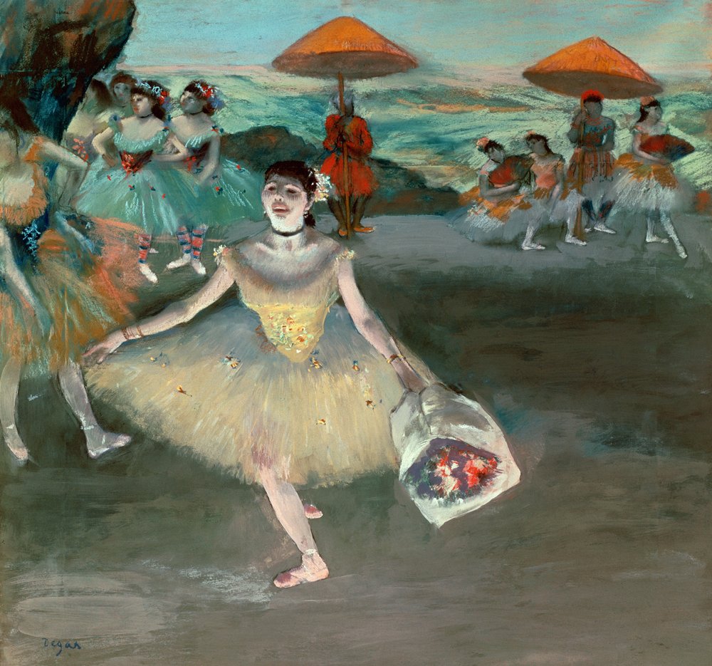 Tancerka z bukietem, dygnięcie, 1877 (pastel na papierze) autorstwa Edgar Degas