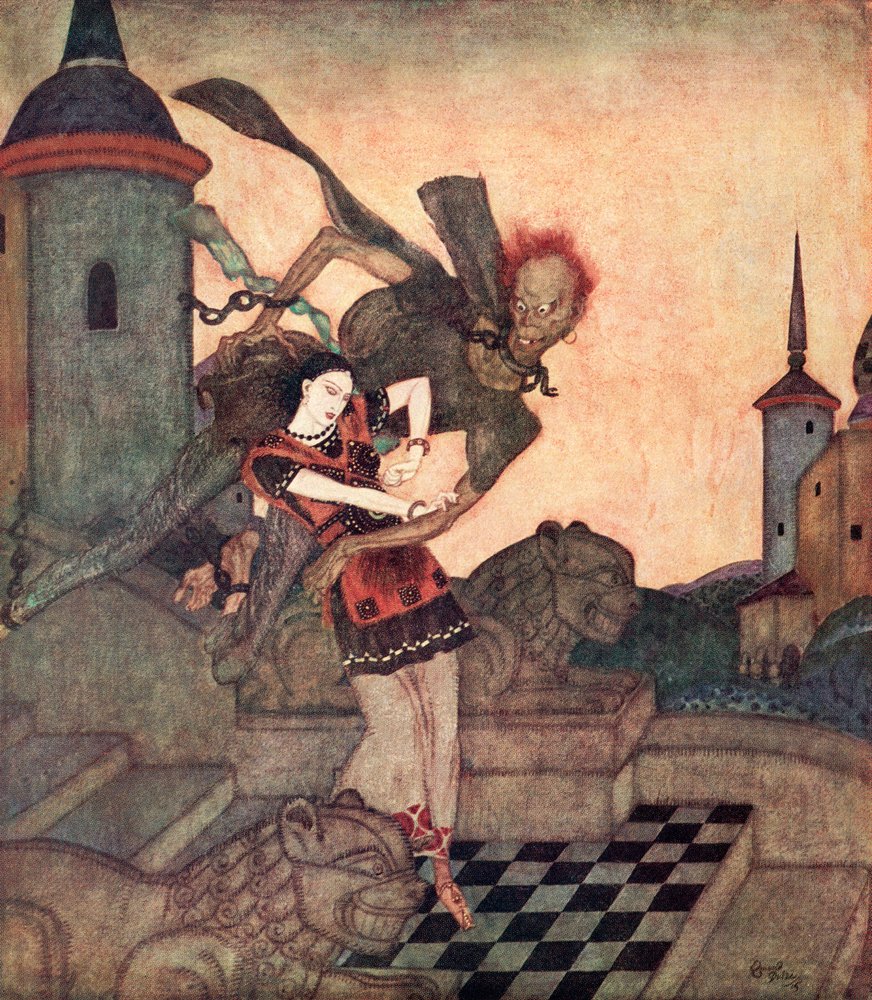 „Książę, wyglądając na zewnątrz, zobaczył, jak porywa on Księżniczkę i szybko odlatuje”, ilustracja do serbskiej baśni Opowieść o Bashtcheliku, z Księgi baśni Edmunda Dulaca: Baśnie narodów sprzymierzonych, wydano w 1916 roku autorstwa Edmund Dulac