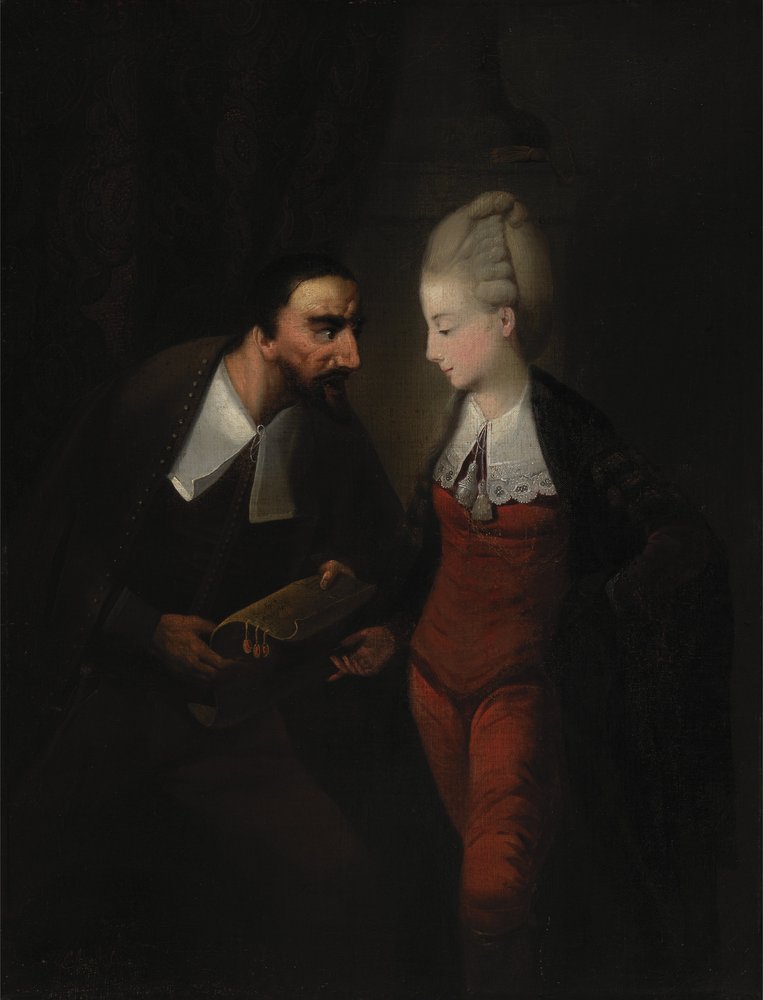 Portia i Shylock, z "Kupca weneckiego" Szekspira, IV, i autorstwa Edward Alcock