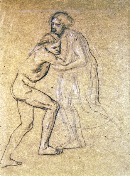 Studium dwóch nagich mężczyzn obejmujących się podczas powrotu marnotrawnego, 1869 (kreda na papierze) autorstwa Edward John Poynter