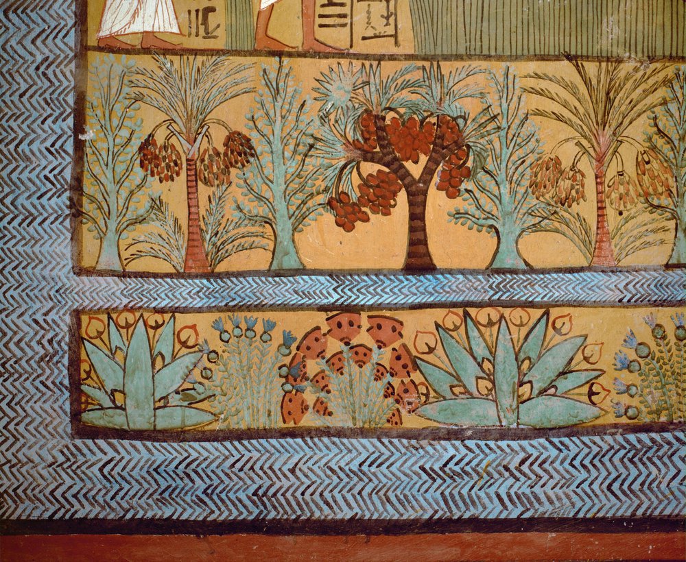 Drzewa, kaktusy i rośliny na obrazie religijnym przedstawiającym sklepioną komorę grobową Sennedjem (No autorstwa Egyptian 18th Dynasty