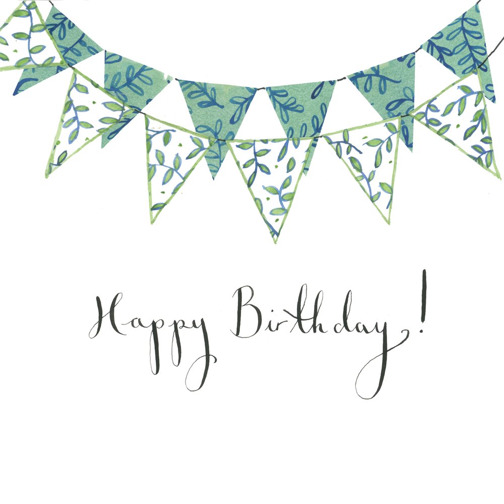 Happy Birthday Bunting, 2018 (akwarela i kolaż) autorstwa Elizabeth Rider