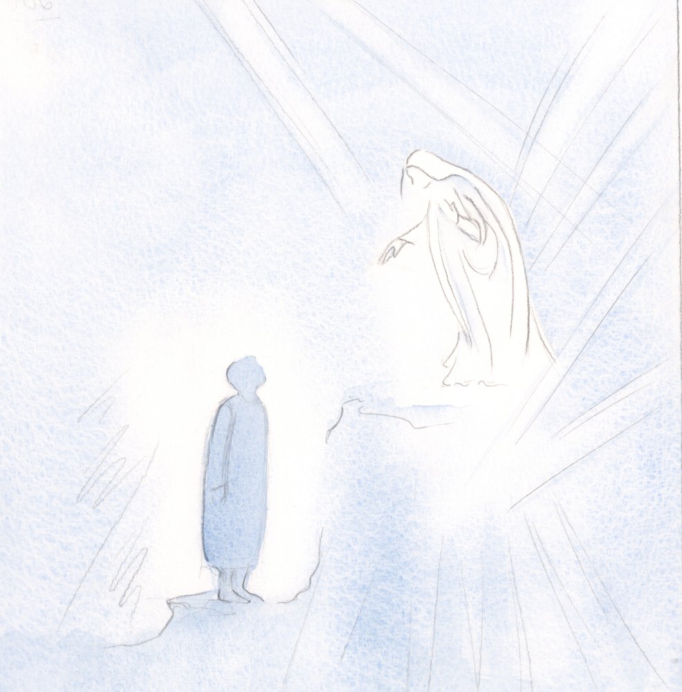 Matka Boża jest daleko ponad nami w łasce i świętości, ale nie możemy się bać zbliżyć do Niej., 2001 (w/c na papierze) autorstwa Elizabeth Wang