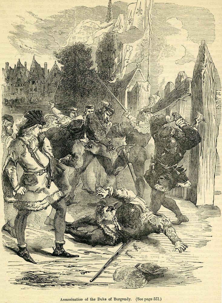 Zamach na księcia Burgundii, z „Illustrated History of England” Cassella autorstwa English School