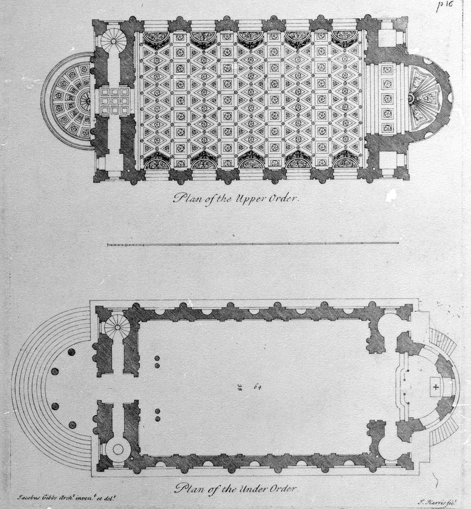 Plan górnego i dolnego zakonu St. Marys Le Strand, Westminster, 1720 autorstwa English School